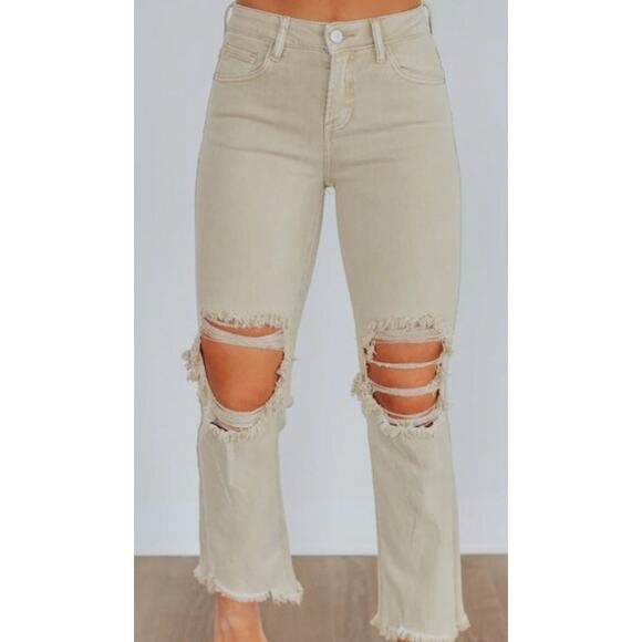 Risen High Rise Women's Distressed Jeans in Sand, 7/28 - Picture 1 of 9